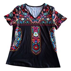 Y2K Womens Boho Floral Paisley Short Sleeve V-Neck T-Shirt Size M